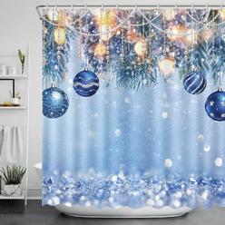 aibiin christmas shower curtain for bathroom decorations with 12 plastic hooks christmas blue balls xmas tree branches small 