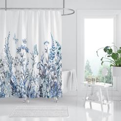 hipposama floral shower curtain, blue plant flower shower curtain set, wildflower botanical shower curtains for bathroom, wat