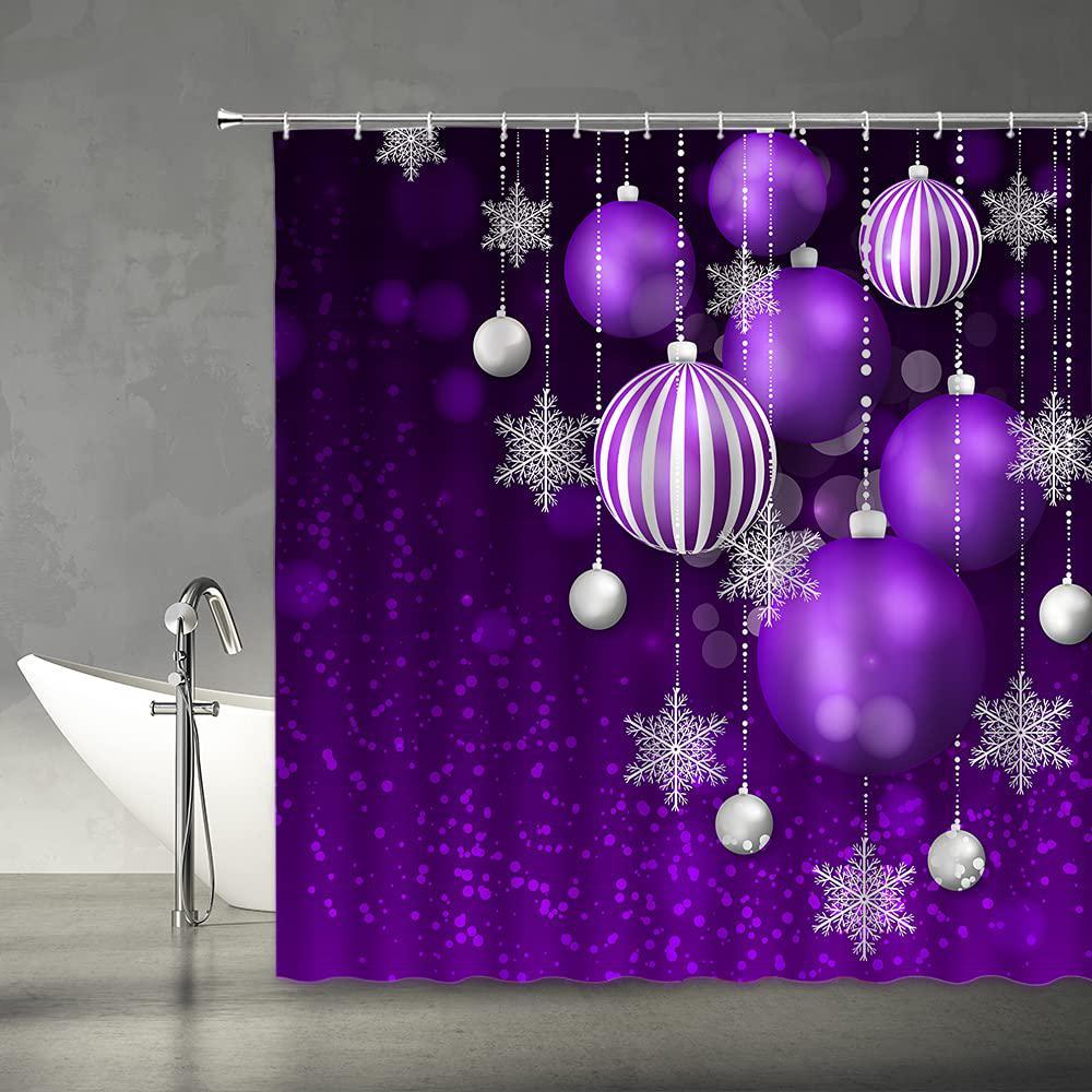 showchang merry christmas shower curtain purple christmas balls xmas winter holiday happy new year fabric bathroom decor set with hooks