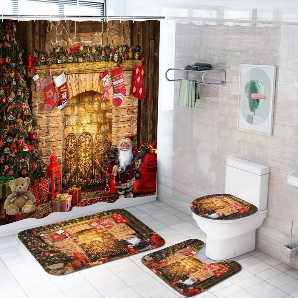 ikfashoni 4 pcs christmas shower curtains set with non-slip rugs, toilet lid cover and bath mat, merry xmas trees fireplace s
