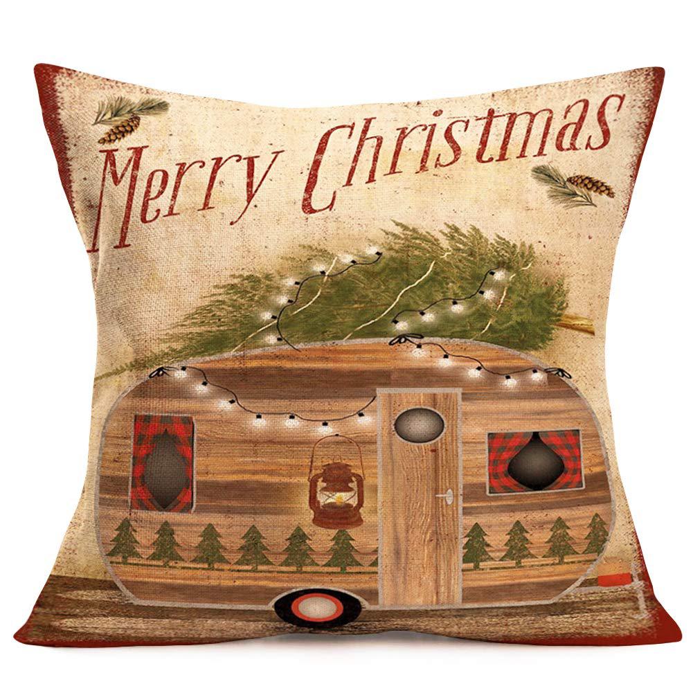 fukeen merry christmas camper throw pillow covers vintage travel rv car with xmas pine tree buffalo decorative pillow cases w