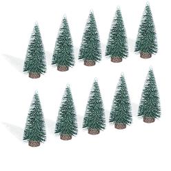 Azjmnfuny 10pcs 4inch mini christmas tree bottle brush trees chrismas village trees ornaments mini plastic christmas trees with wooden 