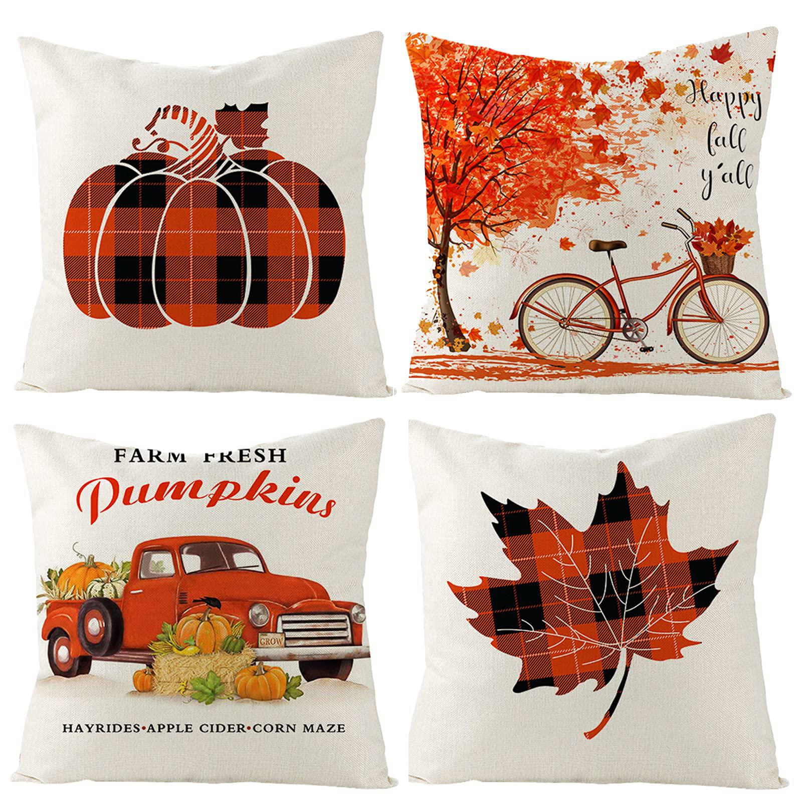 UBING fall pillow covers 18x18 set of 4 thanksgiving day throw pillow covers for autumn decoration, buffalo plaid pumpkin maple pil