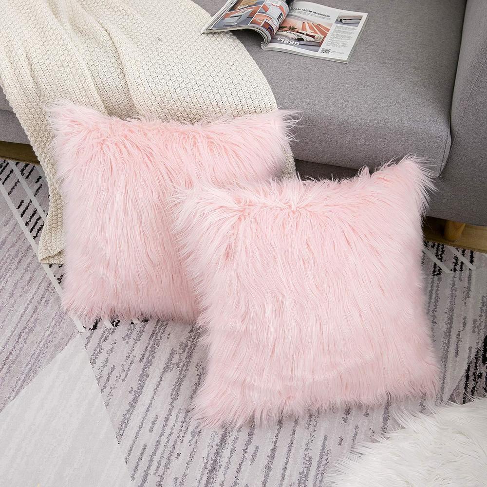 wlnui set of 2 pink fluffy pillow covers new luxury series merino style blush faux fur decorative throw pillow covers square 