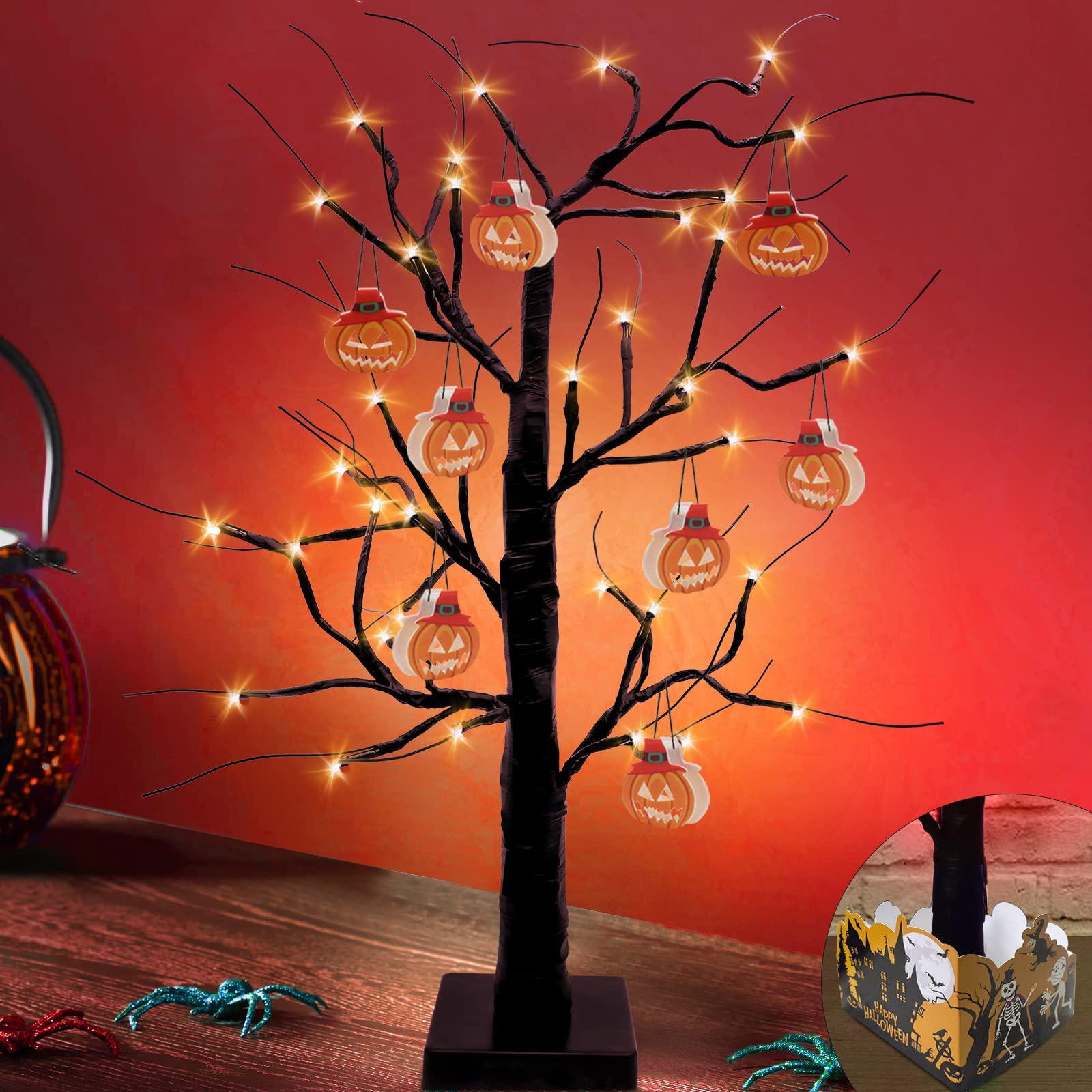 surcvio 2 ft halloween black spooky tree decorations with 36 orange led lights and 8 pumpkin ornaments, battery operated and 