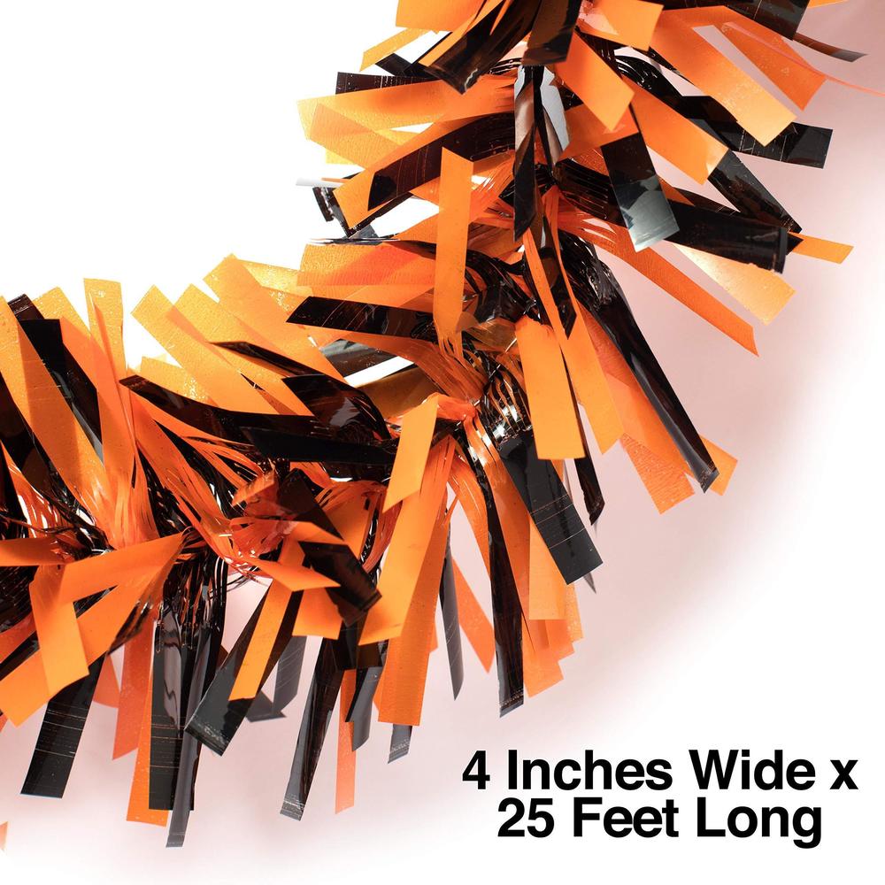 TCDesignerProducts anderson's metallic tinsel twist garland, black and orange - 4 inches wide x 25 ft long, parade float decorations for trailer