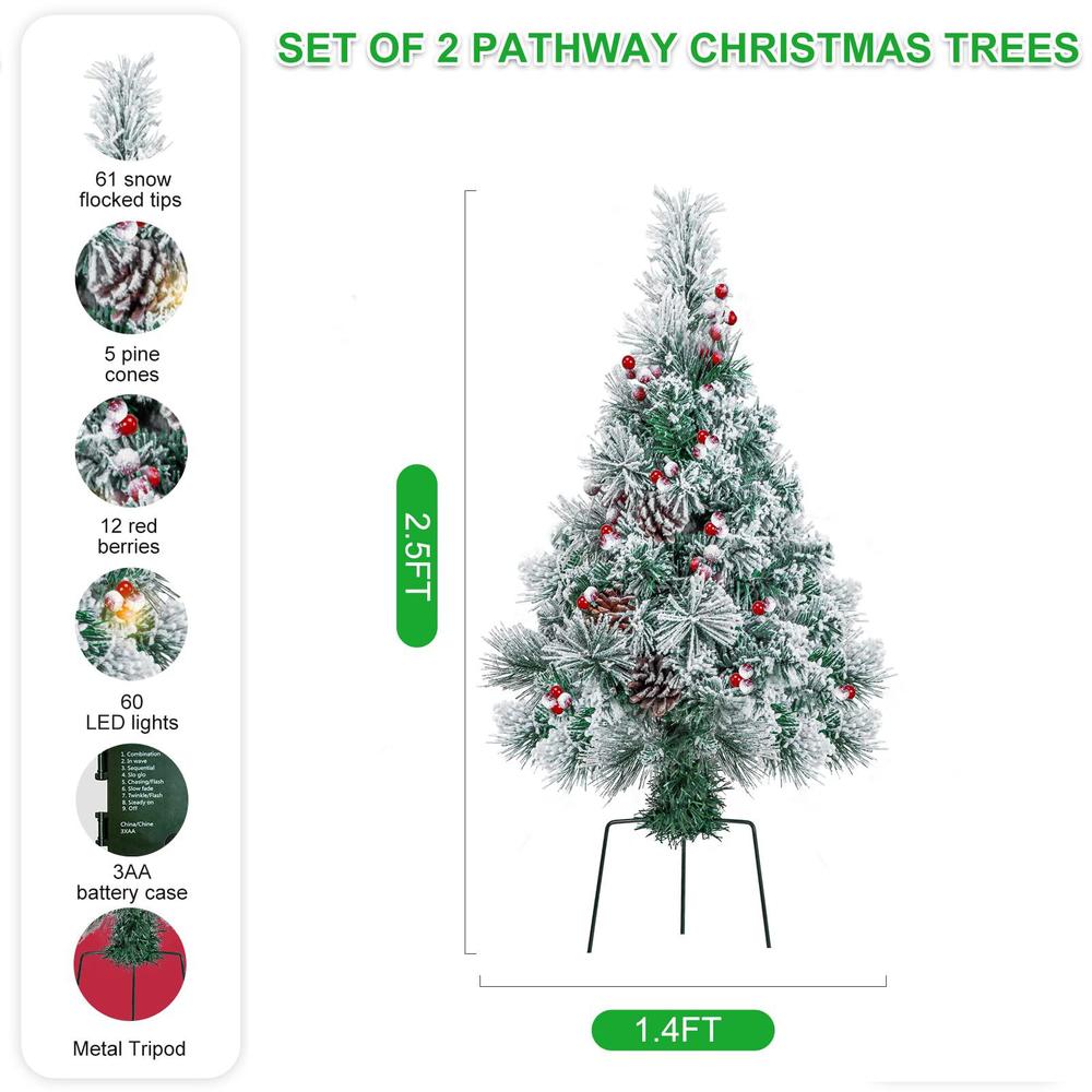 IKNHYEg pathway christmas tree 2.5ft outdoor pre-lit flocked snow artificial xmas tree outside pathway christmas trees with ornaments