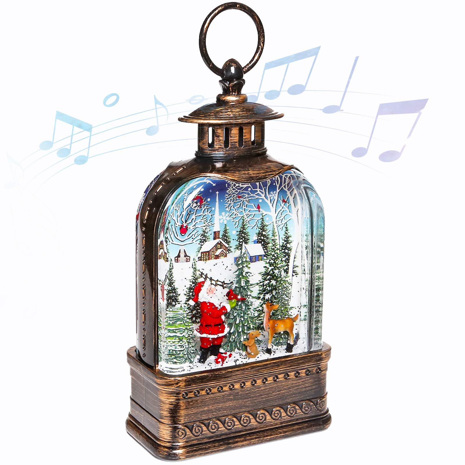 CaiFang christmas lighted snow globe lantern, 6h timer musical christmas snow globes, battery operated glitter water lantern christma