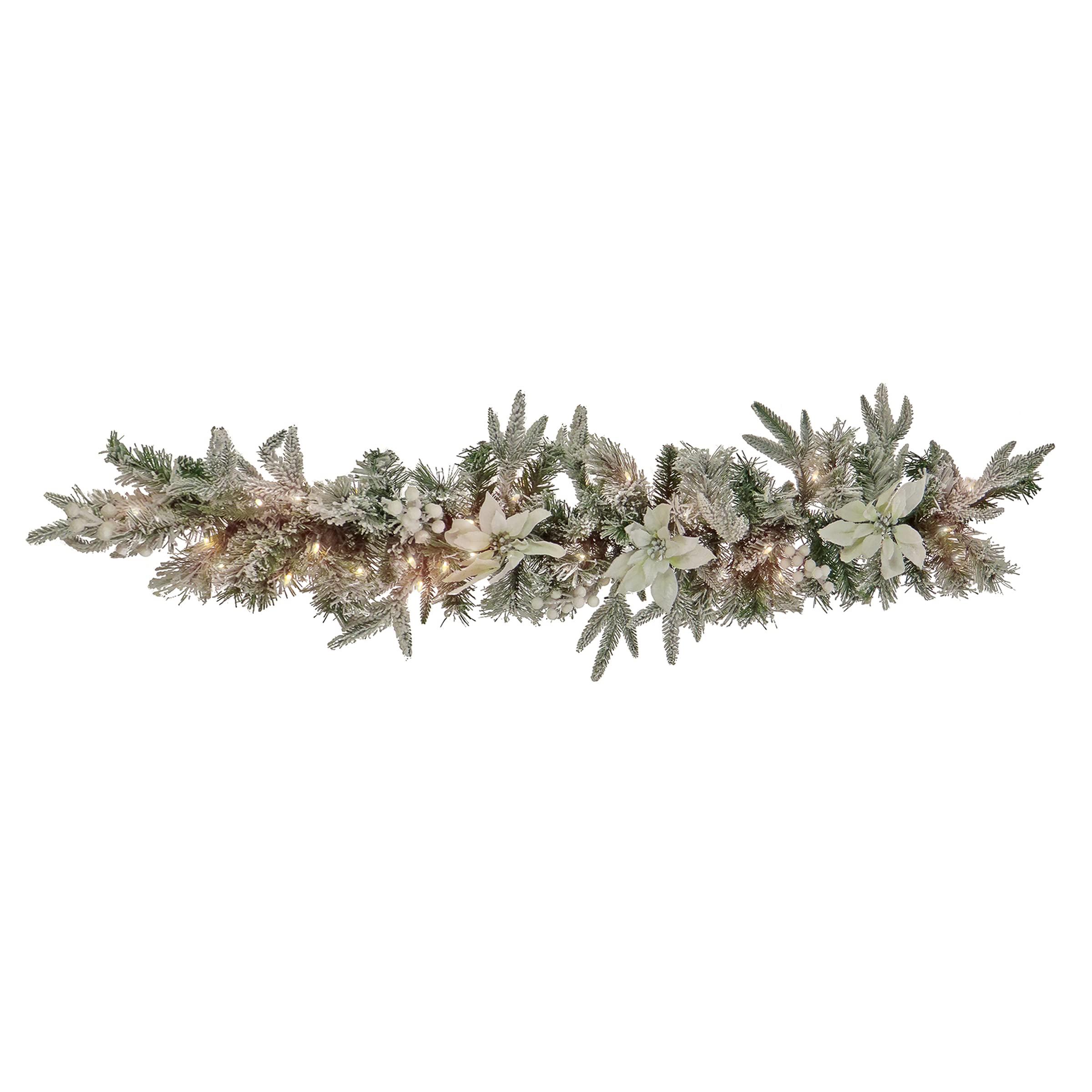 national tree company pre lit artificial garland, green, frosted, decorated with berry clusters, flower blooms, warm white le