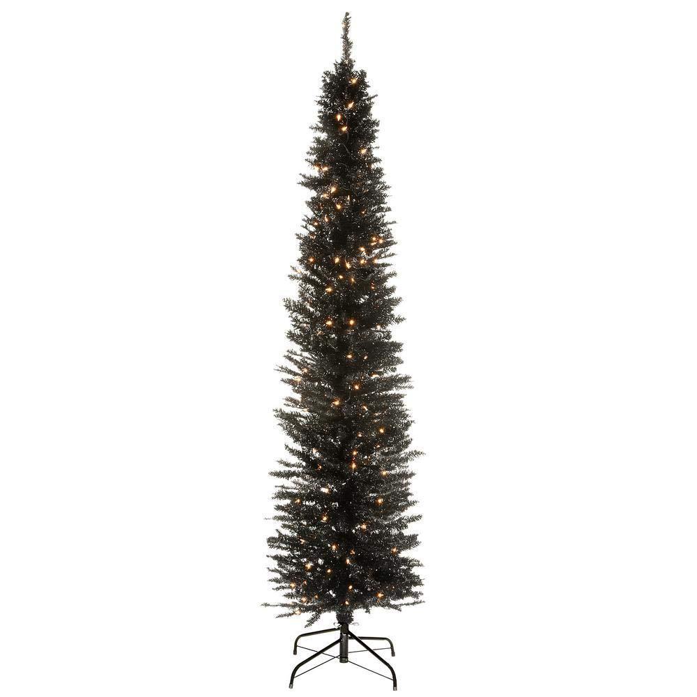 national tree company pre-lit artificial christmas tree, black tinsel, white lights, includes stand, 6 feet