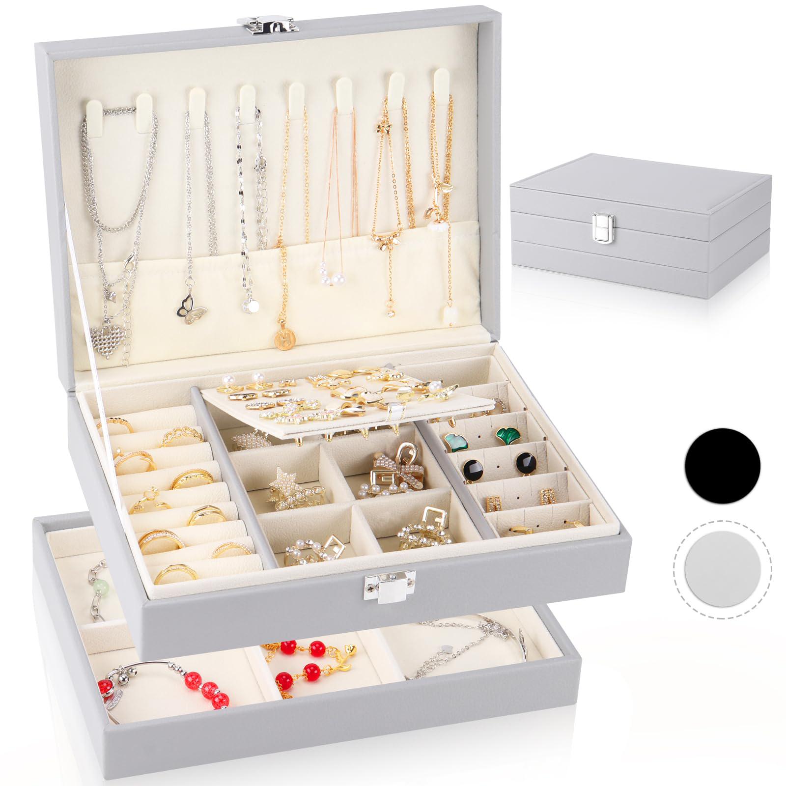 lomeve jewelry box with removable tray, pu leather jewelry box organizer for women girls, 2 layers jewelry organizer box for 