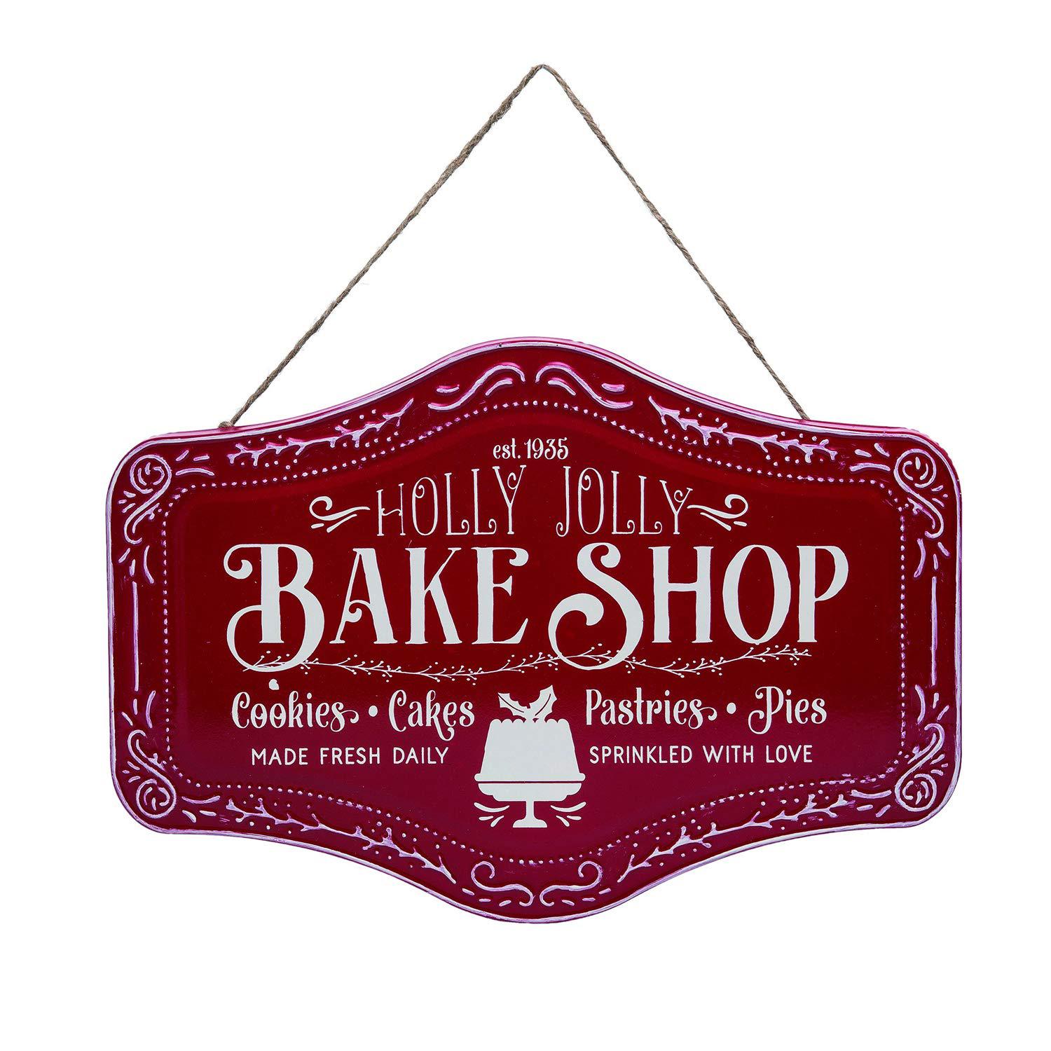 one holiday way vintage 14-inch embossed red metal christmas holly jolly bake shop bakery hanging sign - fun retro holiday wa