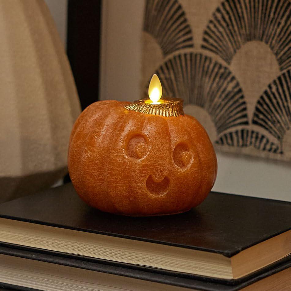 luminara cute jack-o'-lantern pumpkin figural flameless flickering led candle chalky orange finish smooth real unscented wax,