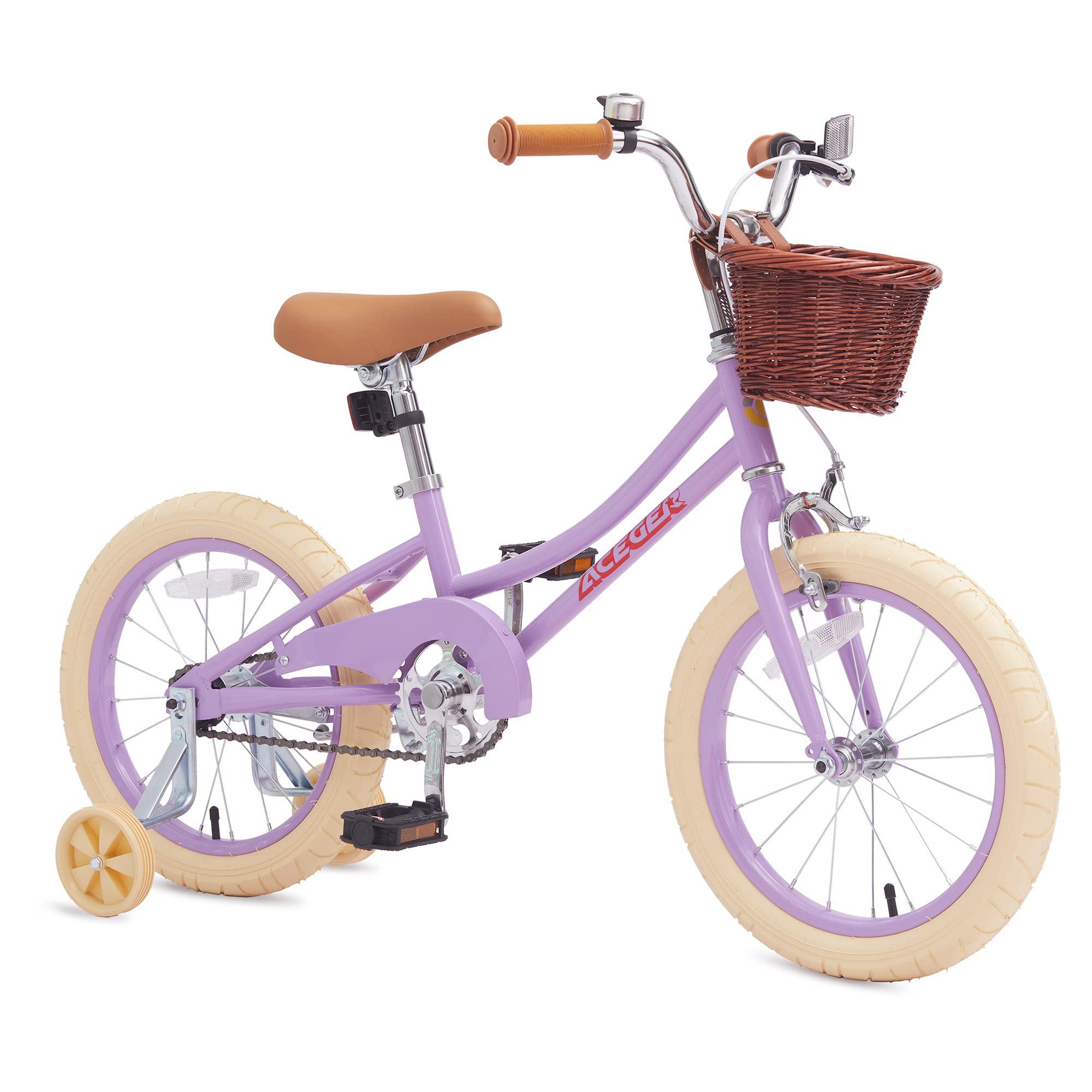aceger girls bike with basket, kids bike for 3-13 years, 14 inch with training wheels, 16 inch with training wheels and kicks