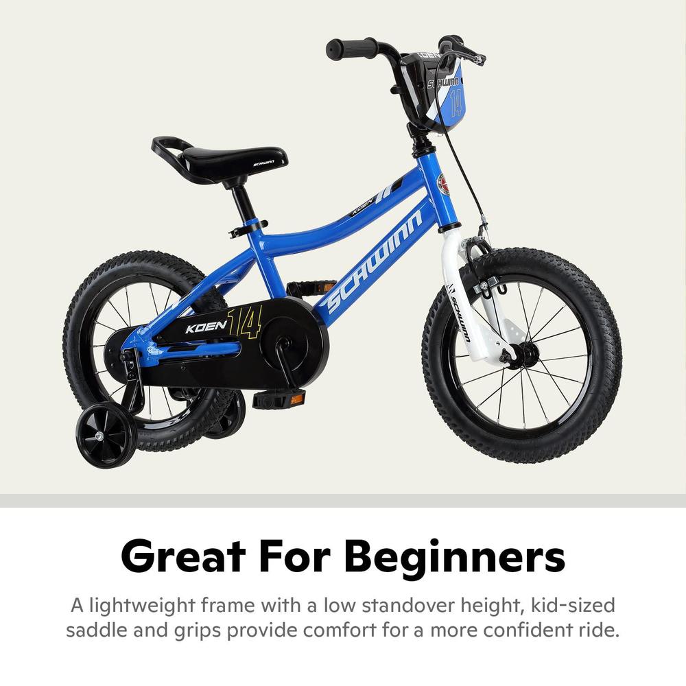 schwinn koen & elm toddler and kids bike, for girls and boys, 14-inch wheels, bmx style, with saddle handle, training wheels 