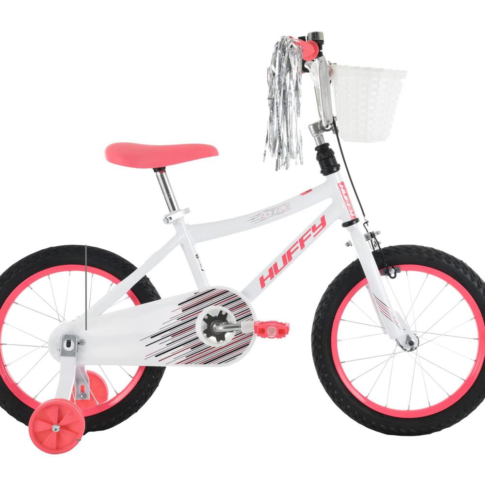 huffy zazzle 16 girls bike with basket and streamers, bell, training wheels, white