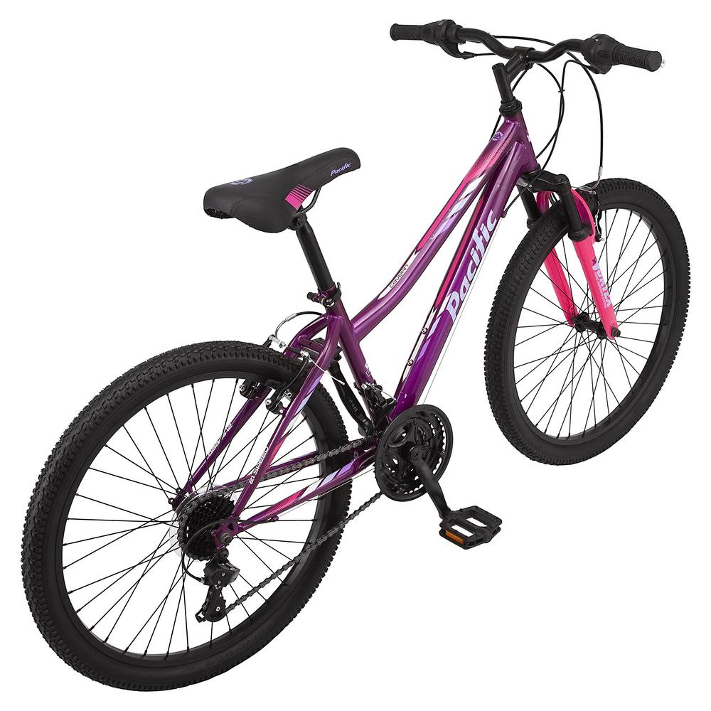 pacific cavern girls mountain bike, 24-inch wheels, 21-speed twist shifters, 14-inch steel frame, purple