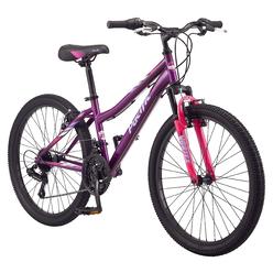 pacific cavern girls mountain bike, 24-inch wheels, 21-speed twist shifters, 14-inch steel frame, purple