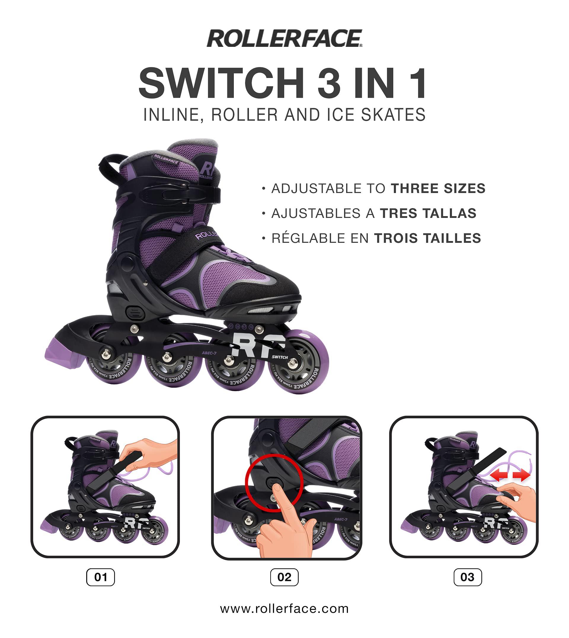 rollerface switch 3-in-1, interchangeable in 3 modalities: inline skate, roller skate, and ice skate. (adjustable up to 3 siz