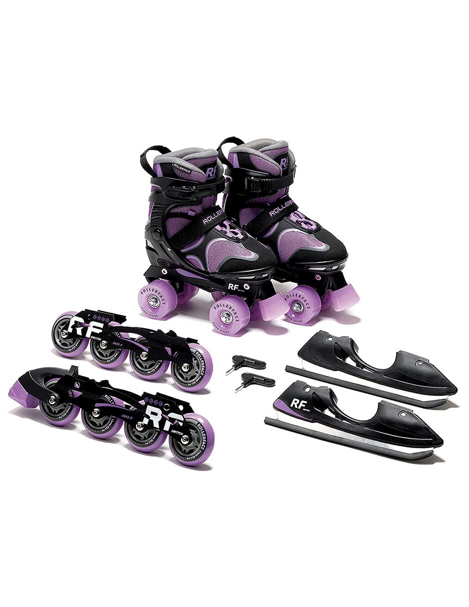 rollerface switch 3-in-1, interchangeable in 3 modalities: inline skate, roller skate, and ice skate. (adjustable up to 3 siz