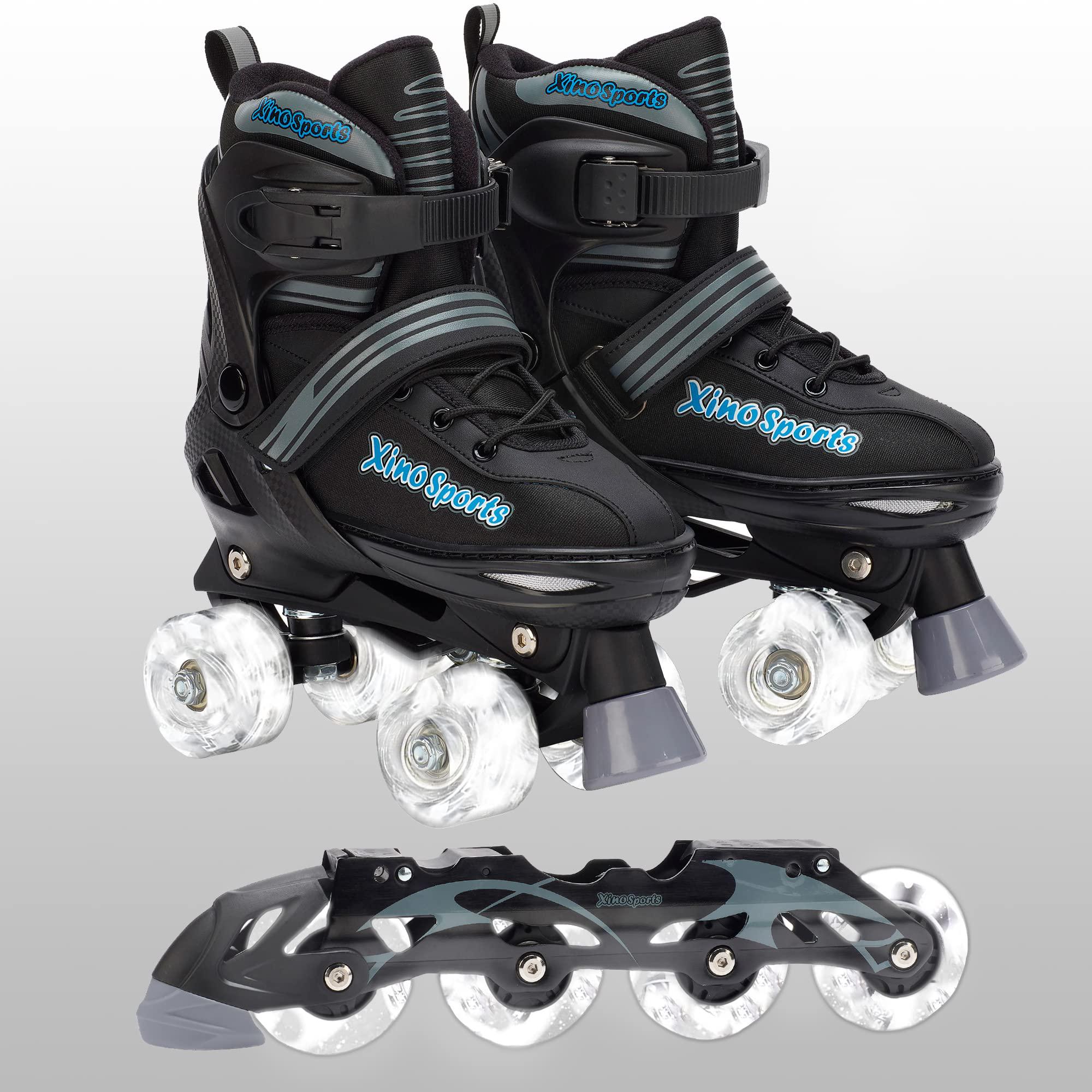 xino sports 2 in 1 combo, kids roller skates and roller blades - interchangeable led light up skates for kids ages 6-12, teen