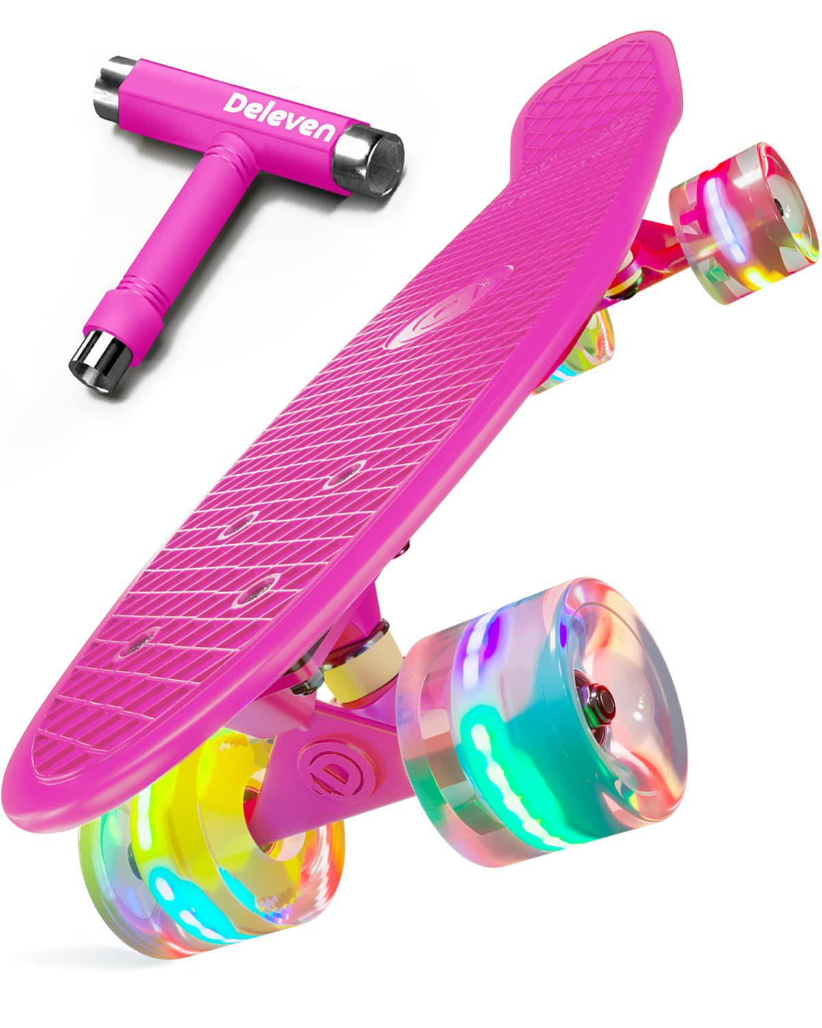D Deleven deleven 22" skateboard with bright led wheels, skate tool, abec 7 bearings - for kids beginners adults