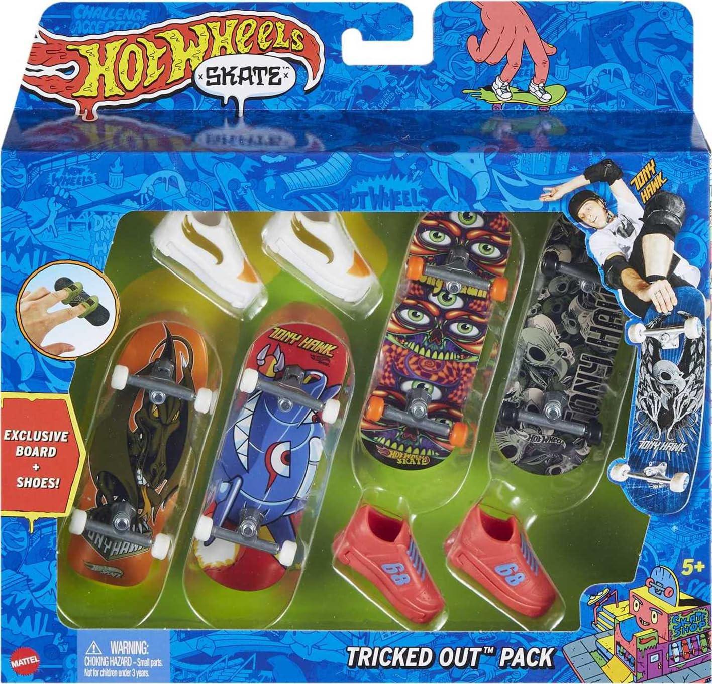 hot wheels skate tricked out pack, 4 tony hawk-themed fingerboards & 2 pairs of skate shoes, includes 1 exclusive set (styles