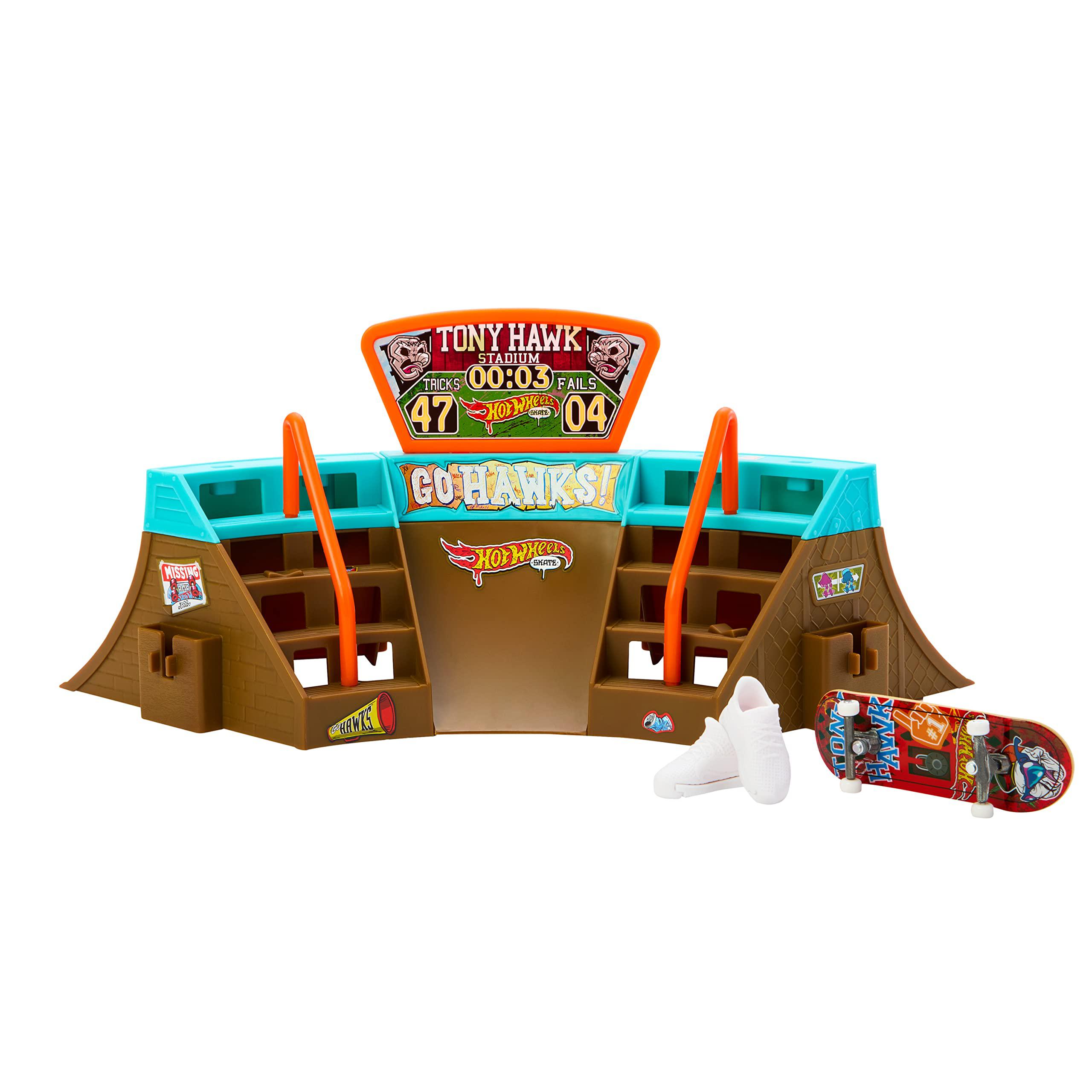 hot wheels skate stadium playset designed with tony hawk, 1 exclusive fingerboard & pair of skate shoes, with storage