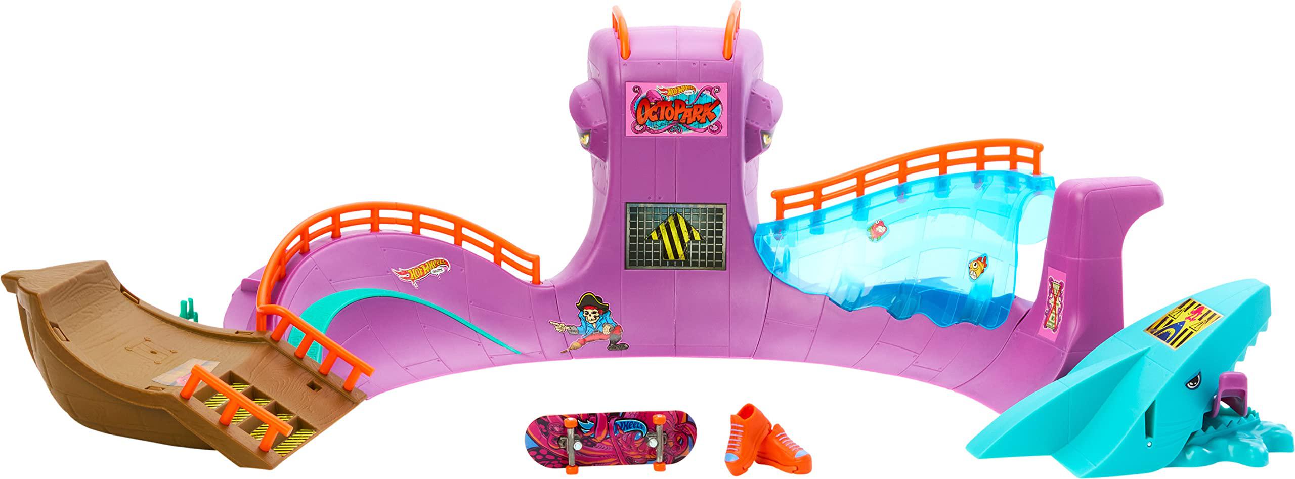 hot wheels skate octopus skatepark playset with tony hawk fingerboard & pair of removable skate shoes, includes storage