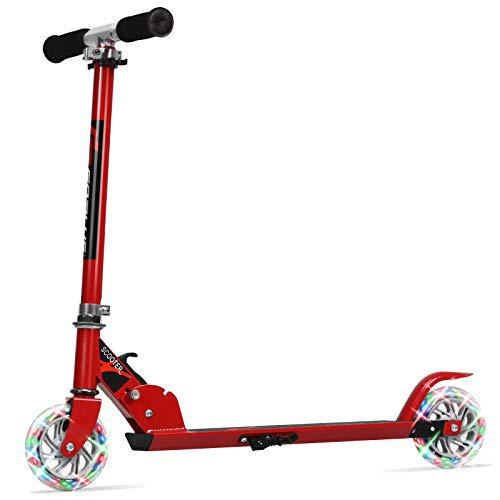 goplus folding kick scooter for kids, 2 flash wheels deluxe aluminum, rear fender brake ,adjustable height, sports scooter fo