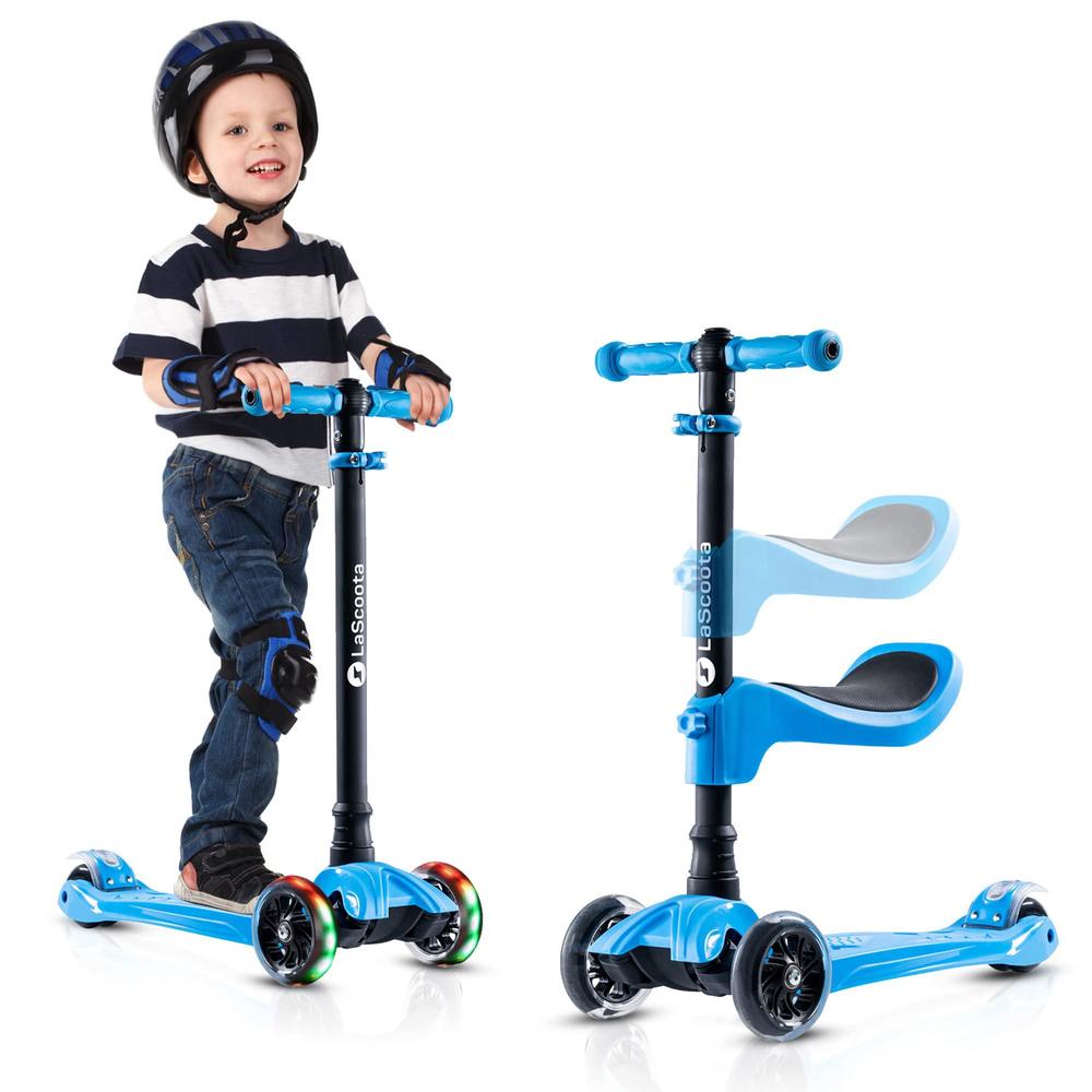 lascoota 2-in-1 kids kick scooter, adjustable height handlebars and removable seat, 3 led lighted wheels and anti-slip deck, 