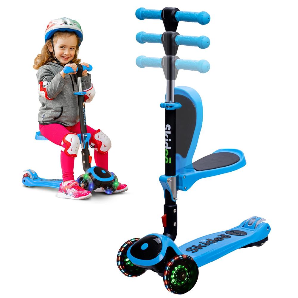 SKIDEE kick scooters for kids ages 3-5 (suitable for 2-12 year old) adjustable height foldable scooter removable seat, 3 led light w