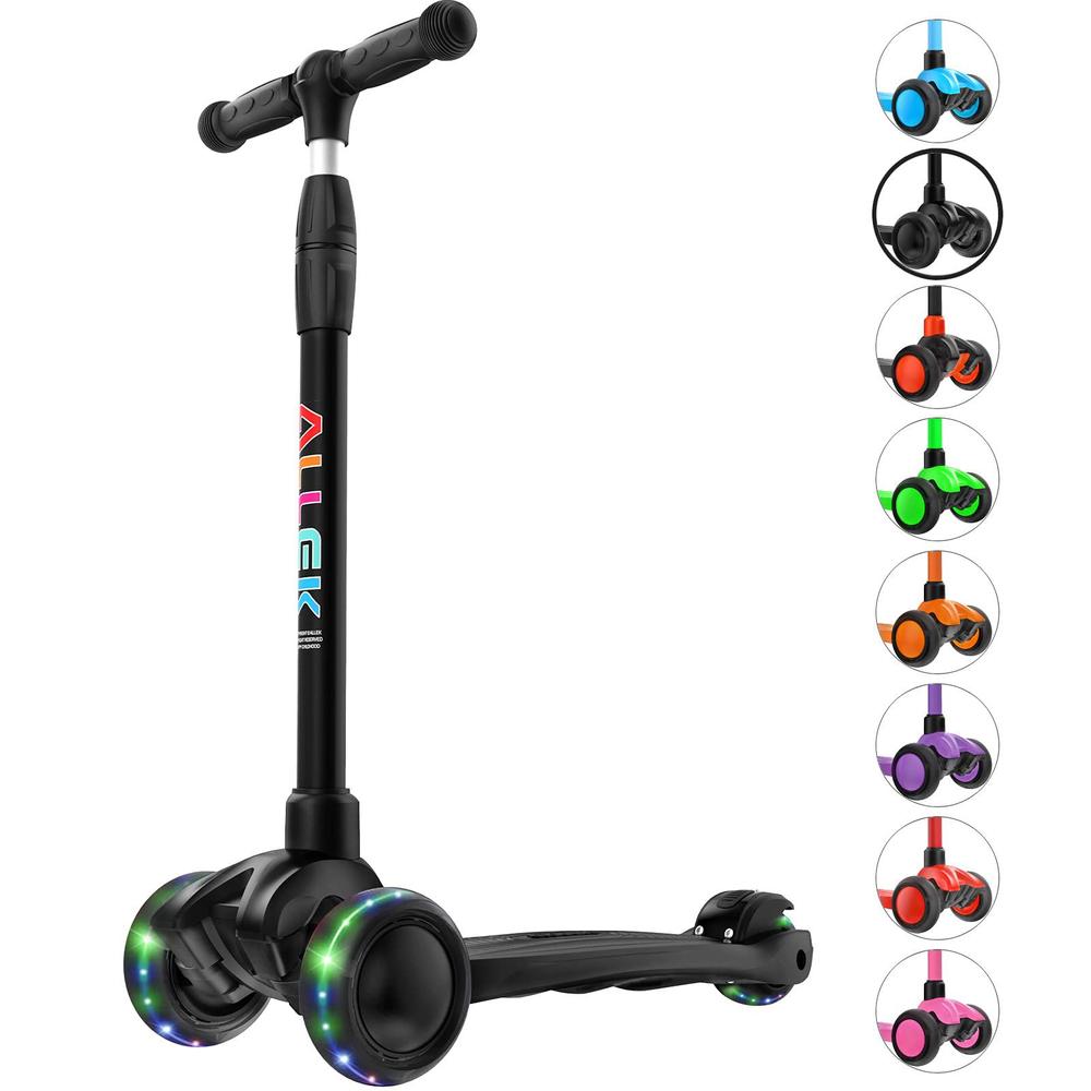 allek kick scooter b03, lean 'n glide 3-wheeled push scooter with extra wide pu light-up wheels, any height adjustable handle