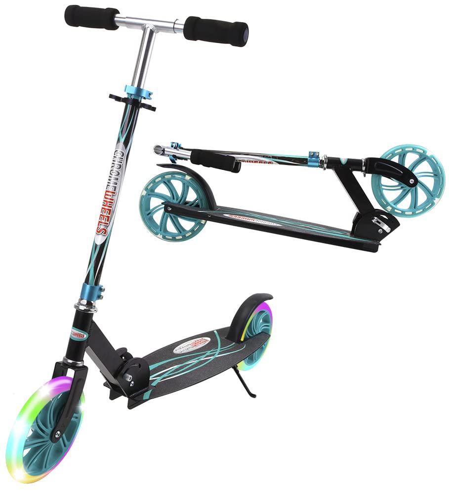 chromewheels kick scooter, deluxe 8" large 2 light up wheels wide deck 5 adjustable height with kickstand foldable scooters, 