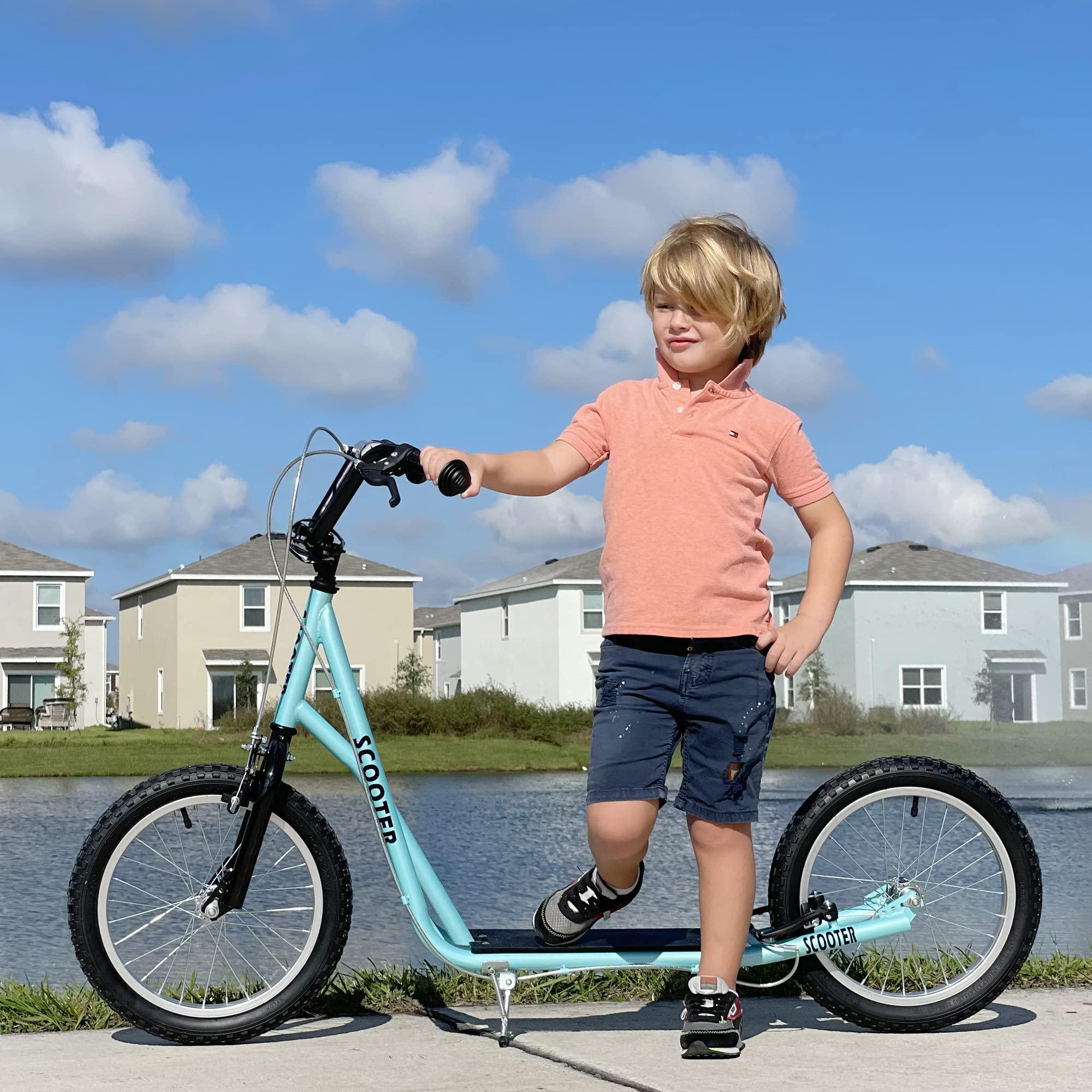 aosom youth scooter kick scooter for kids 5+ with adjustable handlebar 16" front and rear dual brakes inflatable wheels, blue