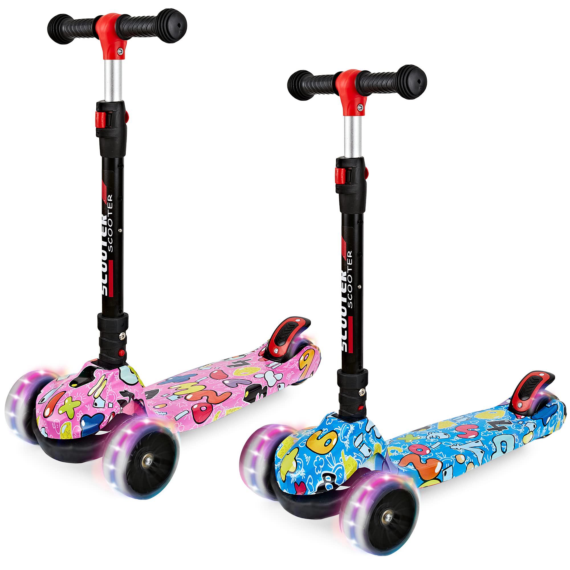 HOOJIN scooter for kids ages 3-12, foldable kick scooter with extra wide pu light-up wheels, height adjustable 3 wheel scooter with 
