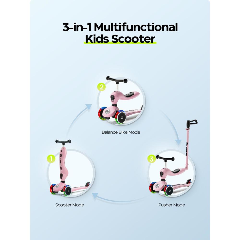 cooghi toddler scooter, 3-in-1 kids scooter with flashing wheels, removable parent push bar and pedal, seat & handlebar heigh