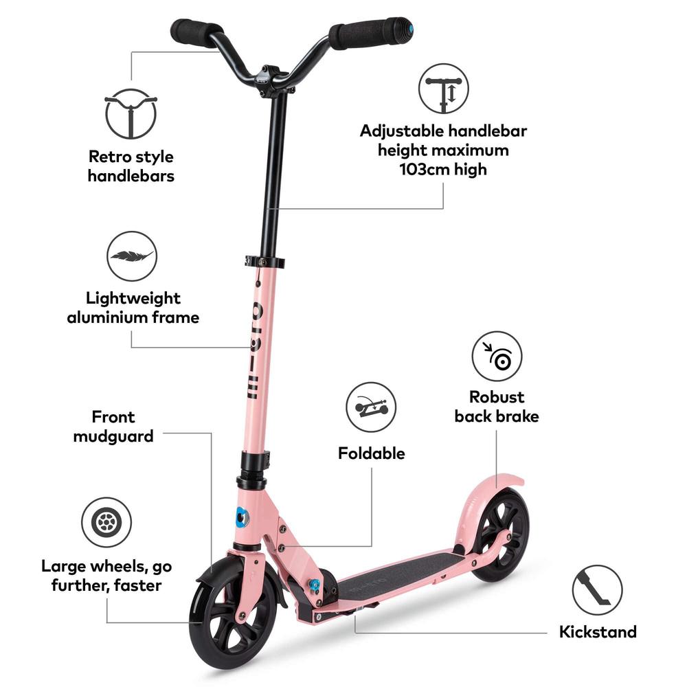 micro kickboard - speed deluxe foldable scooter, 180 mm 2-wheeled, adjustable handlebars, smooth, quiet ride, for teens and y