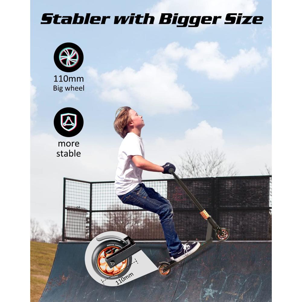 gyroor updated z1 pro scooter, trick scooters with 110mm wheels, up to 4 bolts for kids 8 years and up, stunt scooter for tri