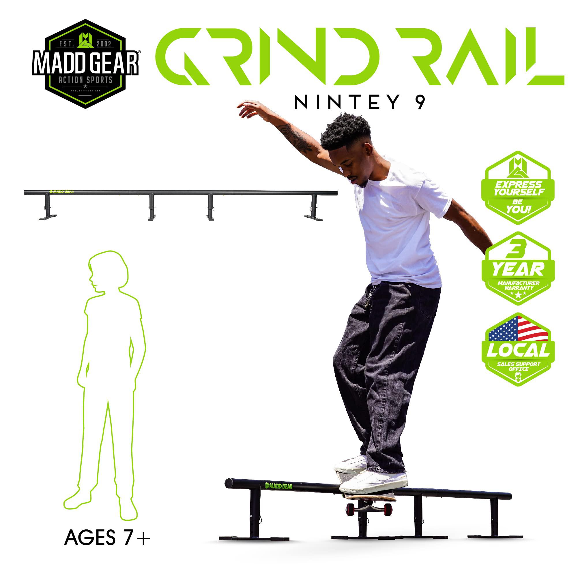 madd gear 99" long flat bar skate rail - heavy duty durable round skateboard pro scooter or inline skate - adjustable height 