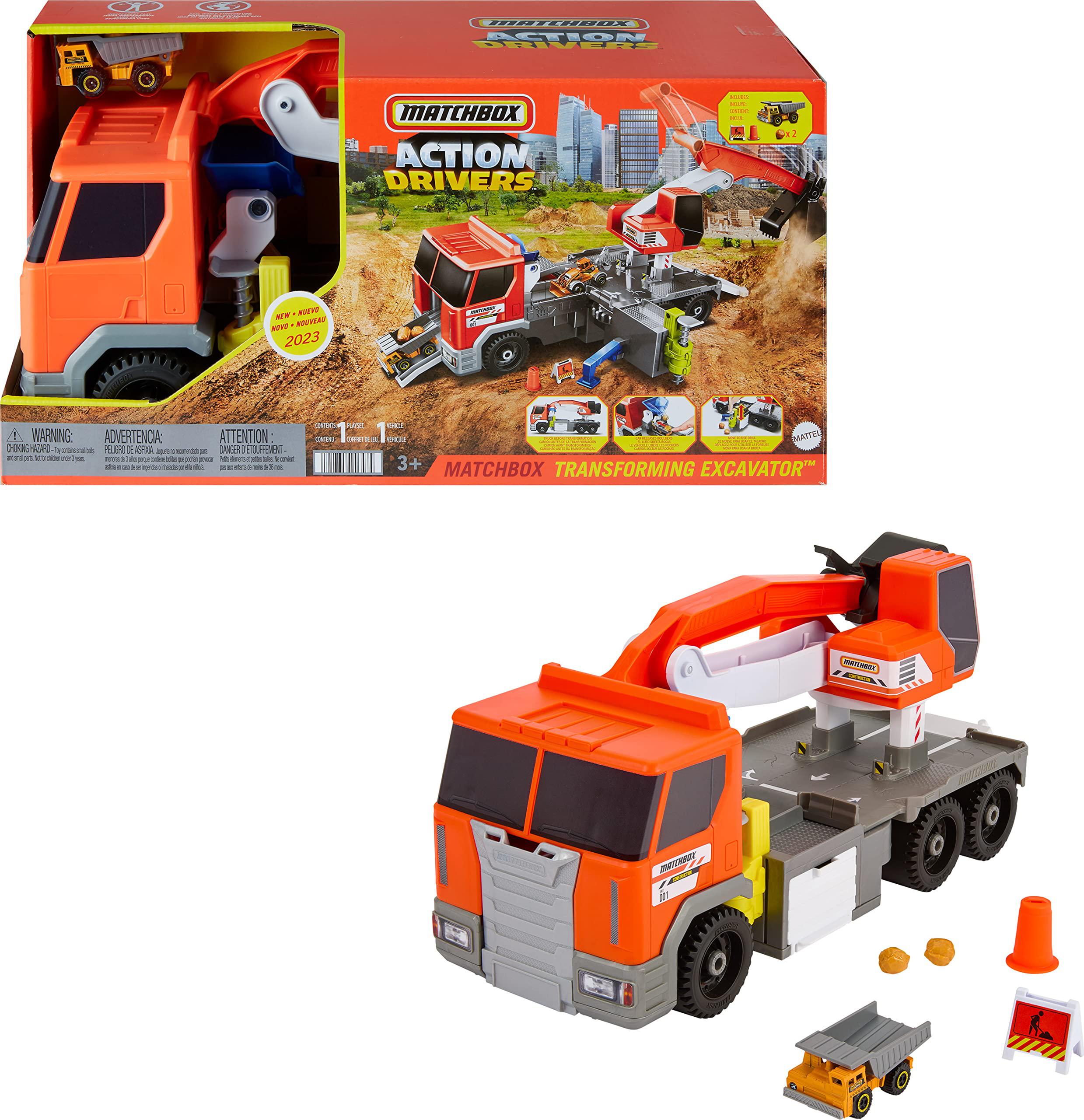 matchbox action drivers matchbox transforming excavator, large-scale toy truck & playset with 1:64 scale vehicle & 4 construc