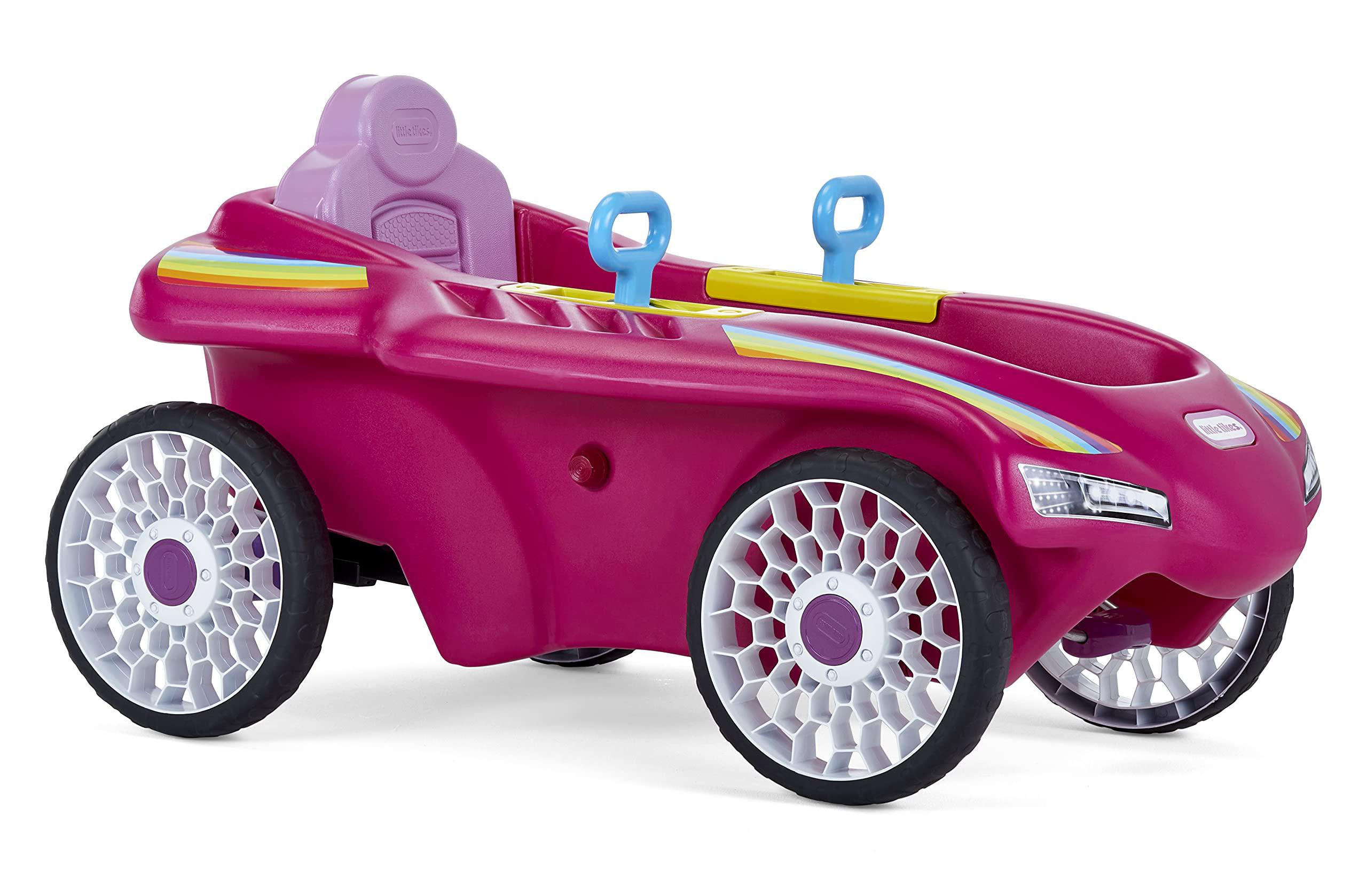 little tikes jett car racer pink, ride on car with adjustable seat back, dual handle rear wheel steering, racing control, kid