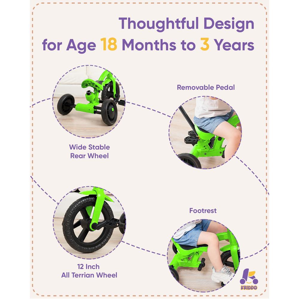kriddo 4-in-1 kids tricycle for 1.5 to 3 yea old with parent steering push handle, 12 inch front wheel trike, toddler balance