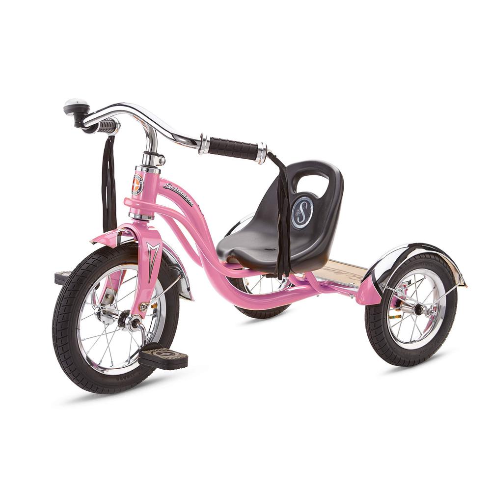schwinn roadster bike for toddler, kids classic tricycle, low positioned steel trike frame w/ bell & handlebar tassels, rear 
