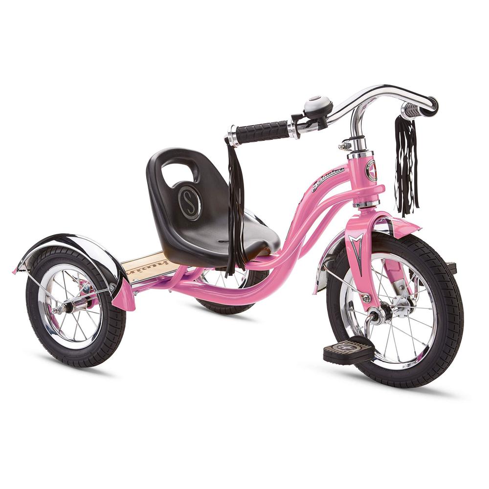 schwinn roadster bike for toddler, kids classic tricycle, low positioned steel trike frame w/ bell & handlebar tassels, rear 