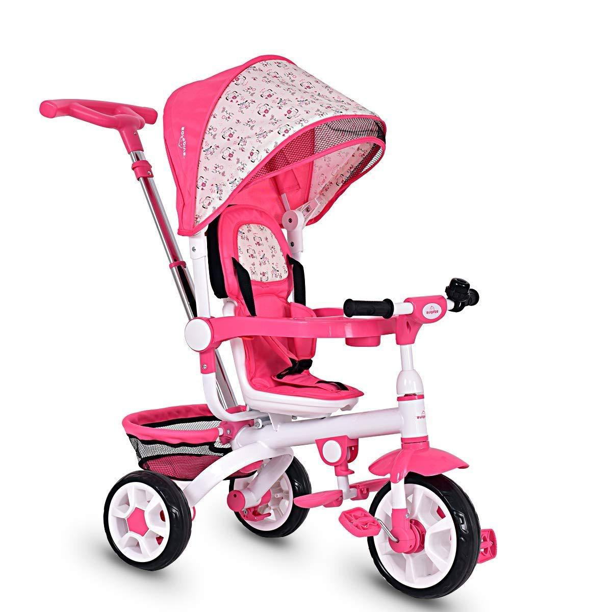 honey joy tricycle for toddlers, 4 in 1 baby stroll trike w/adjustable canopy & storage basket, detachable sponge guardrail, 
