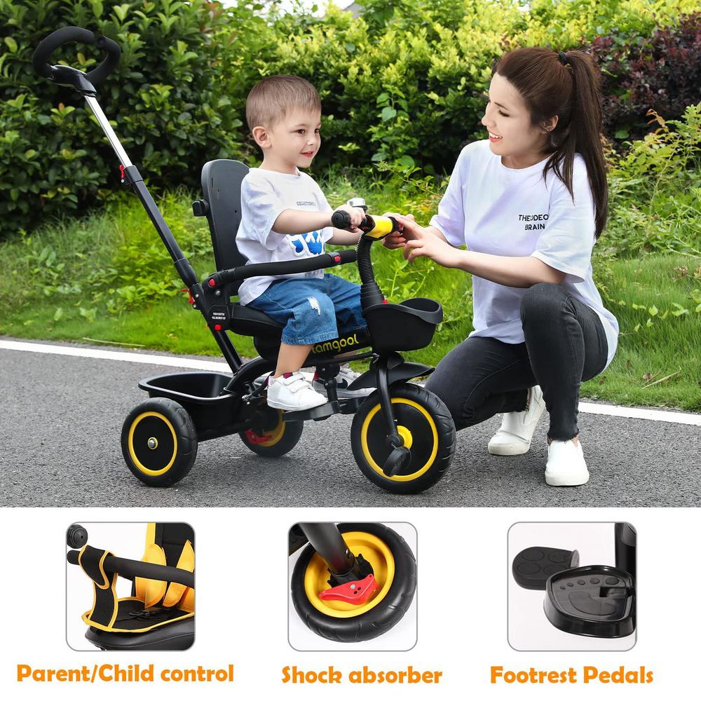 700Kids lamgool toddler tricycles 4 in 1 stroll trike with push handle removable canopy detachable guardrail retractable foot plate s