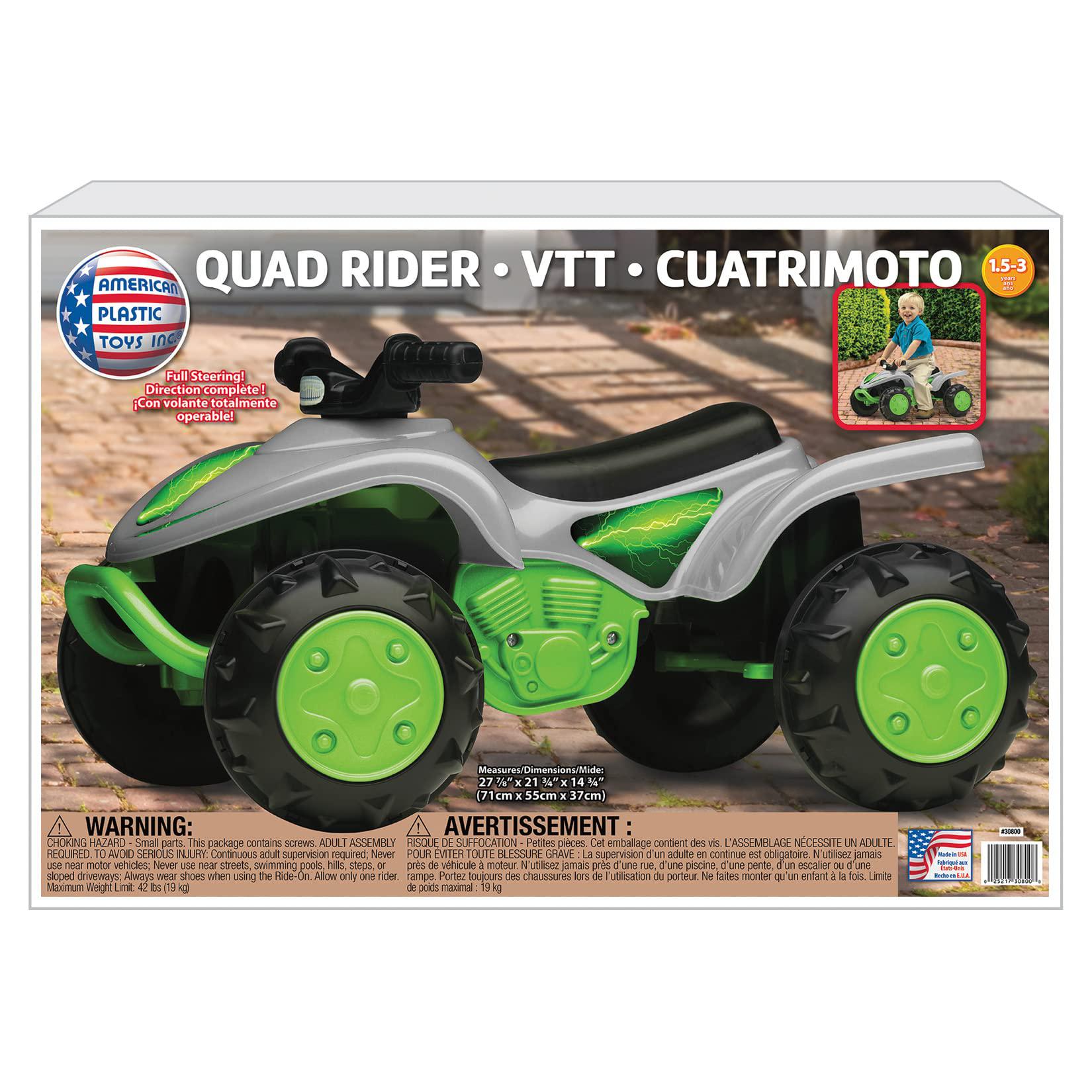 American Plastic Toys quad rider foot-to-floor atv, made in usa, fully functional steering, rugged off-road styling, knobby wheels, sturdy, green, 