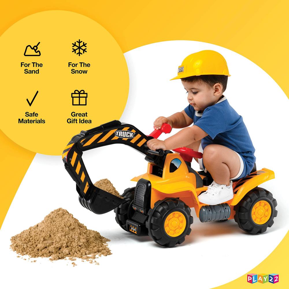play22 toy tractors for kids ride on excavator - music sounds digger scooter bulldozer includes helmet with rocks - pretend p