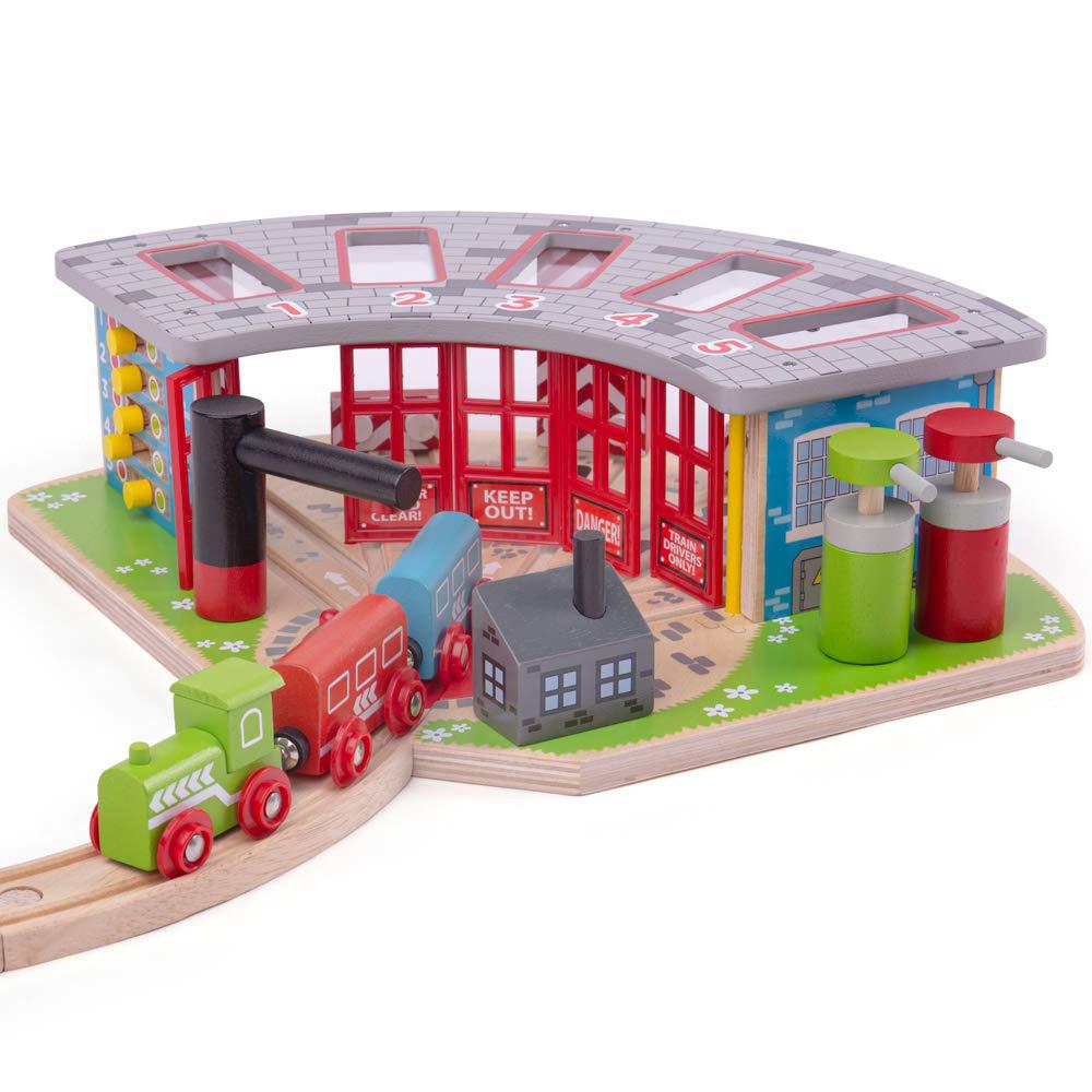 bigjigs rail, five way engine shed, wooden toys, bigjigs train accessories, wooden train shed, train toys, wooden shed, woode